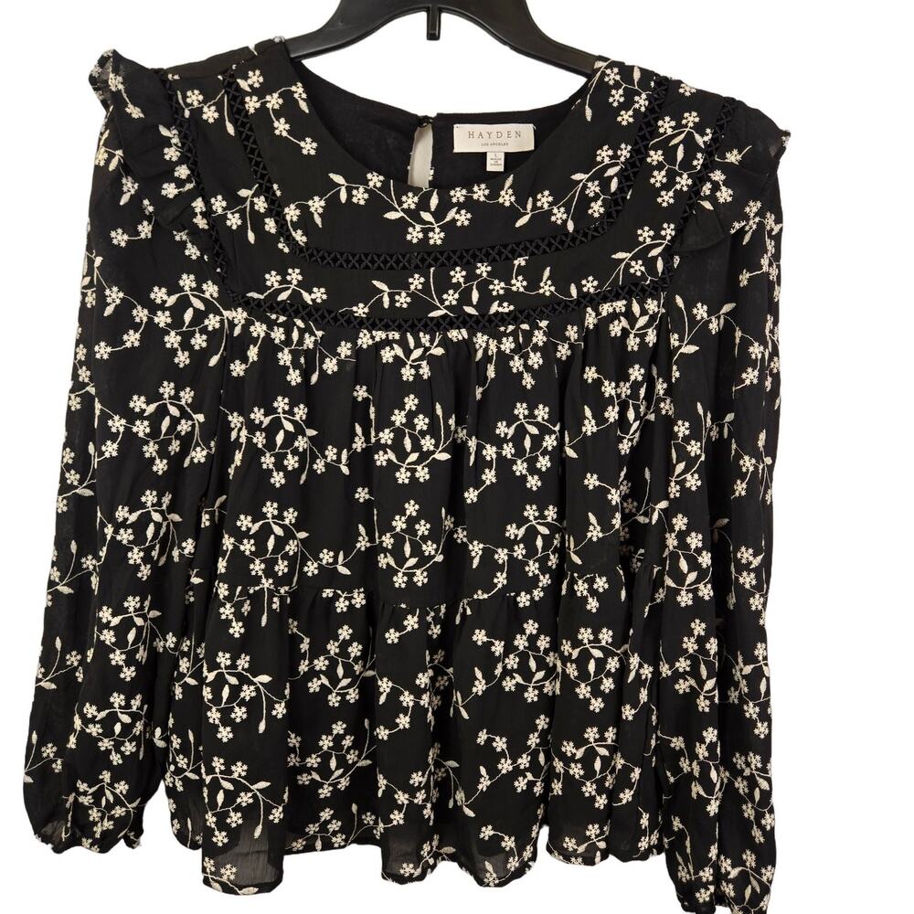 HAYDEN Women L Black Floral Blouse Long Sl Embroidered Ruffle Keyhole COTTAGE